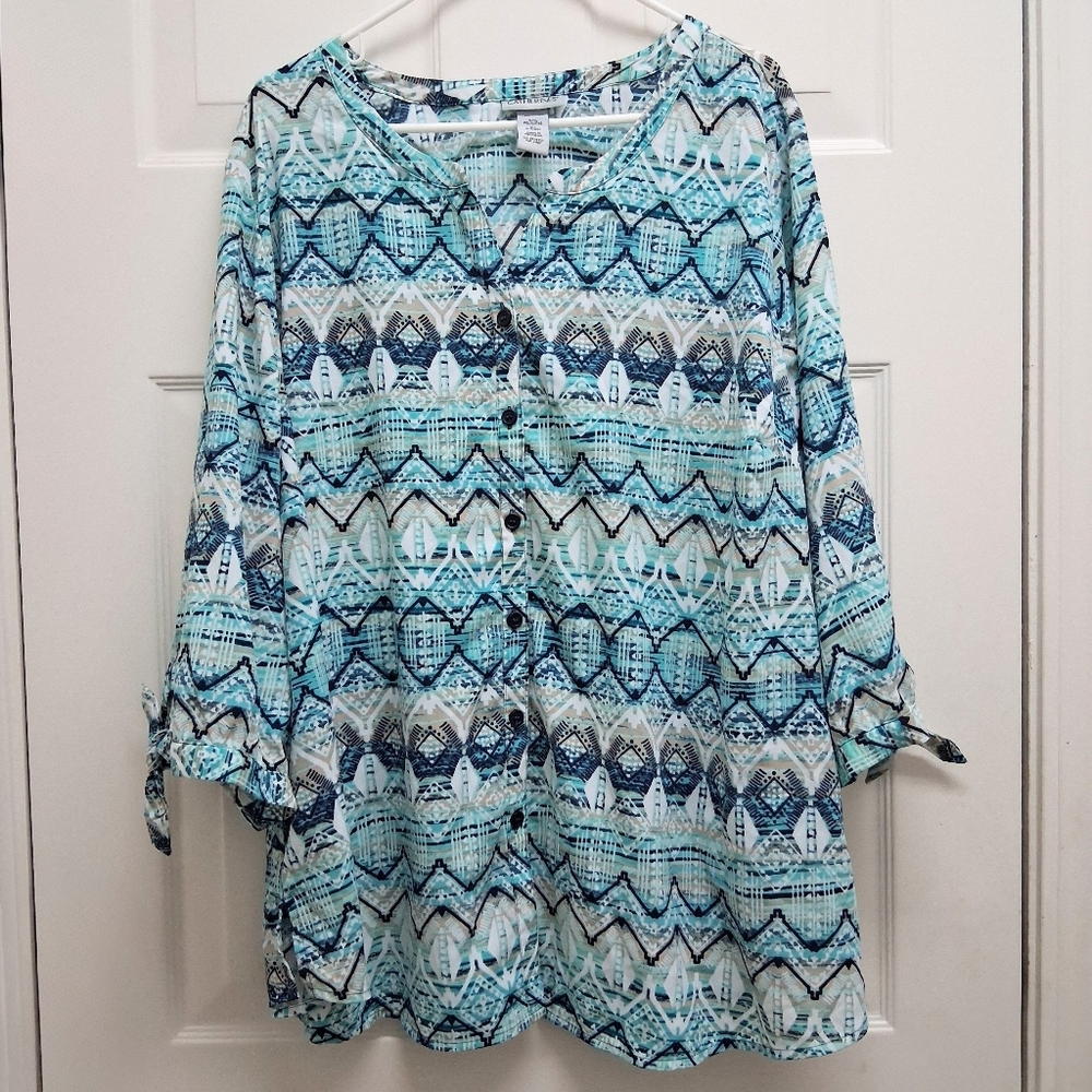 Catherines Button Front Tunic Top Teal Blue Plus Size 3X 26/28W Boho Resortwear